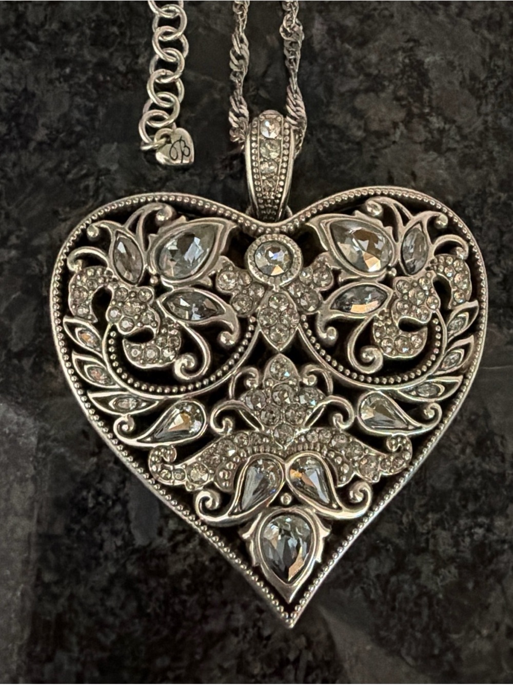 Retired Brighton Queen of Waters Convertible Long Heart Pendant Necklace Silver